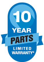 Warranty badge displaying '10 Year Parts' for Amana high-efficiency air conditioners, emphasizing reliability.