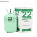 Green R-22 refrigerant cylinder in packaging box with safety instructions, linked to PAC Plumbing, Heating, Air Conditioning.