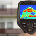 Thermal imaging camera displaying temperature variations on a house, illustrating heating system efficiency and maintenance.