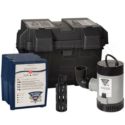 Pump unit for battery backup sump pump system with control box and storage container by PAC Plumbing.