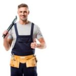 Male plumber with a tool belt and adjustable wrench, ready for work at PAC Plumbing, Heating, and Air Conditioning.