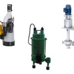 Three pumps for plumbing and HVAC services: a yellow silver pump, a green submersible pump, and a blue centrifugal model.