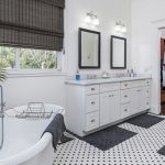 Modern bathroom featuring a freestanding bathtub, double vanity with mirrors, and stylish black and white tiled flooring, emphasizing design choices for renovation.